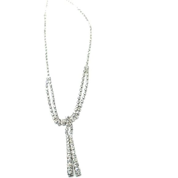 Clear Rhinestone Necklace Vintage Two Strand Bib Style Choker Dangle Drop Pendan - Picture 3 of 7